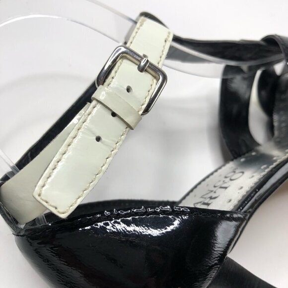 Franco SARTO Shiny Black Silver Patent Leather T-Strap Colorblock Sandal Heels - Picture 6 of 13